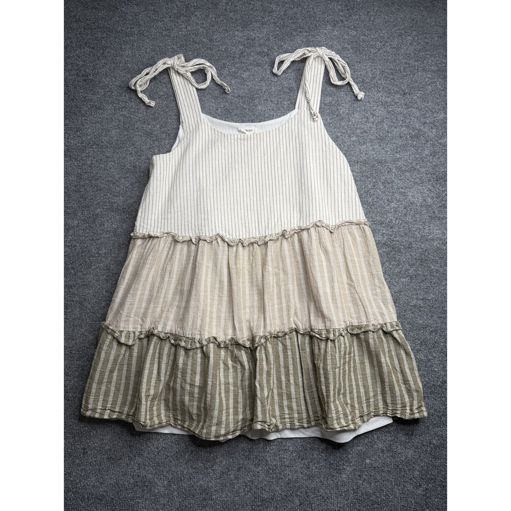 Mine Women's Green/Beige Tiered Ruffle Tie Strap Dress Color Block Striped L